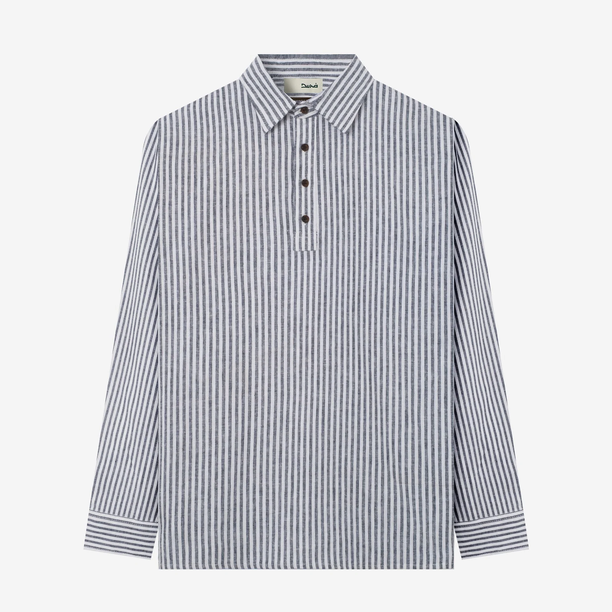 FACTORY SALE - Qawi Long Sleeve Linen Stripes Shirt - White Navy