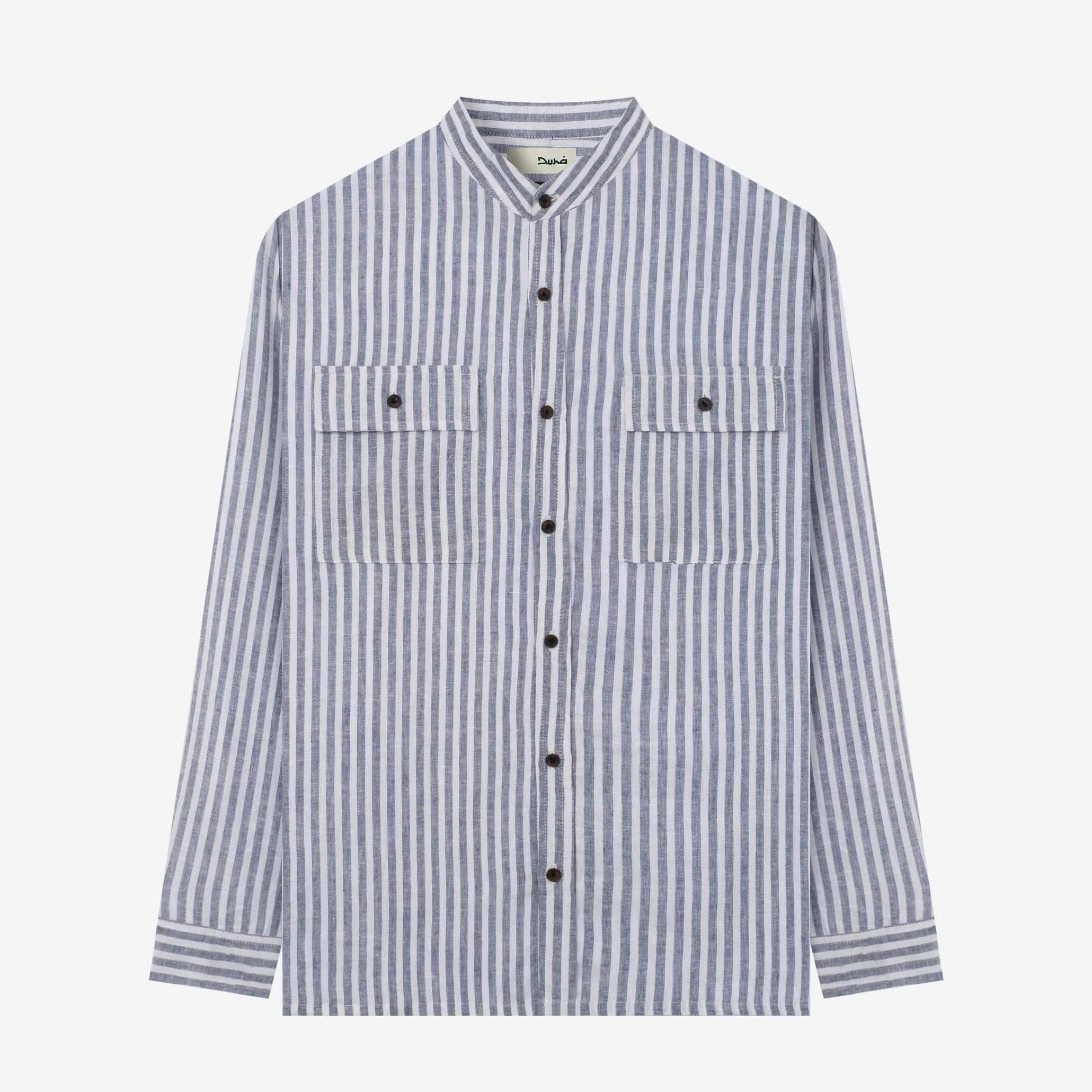 FACTORY SALE - Sayf Long Sleeve Linen Stripes shirt - White Navy