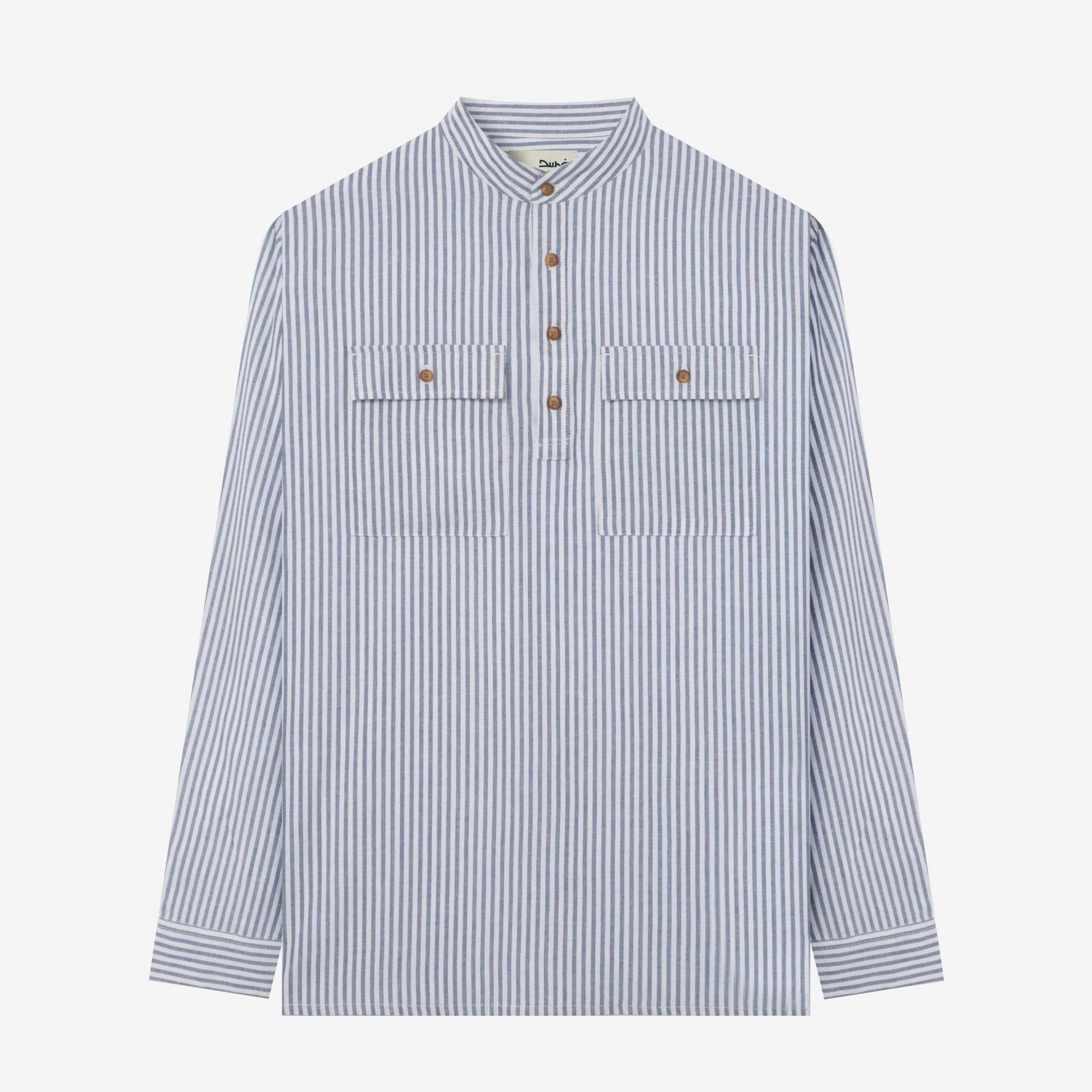 Sayf Long Sleeve Pull Over Linen Stripes Shirt - White Blue