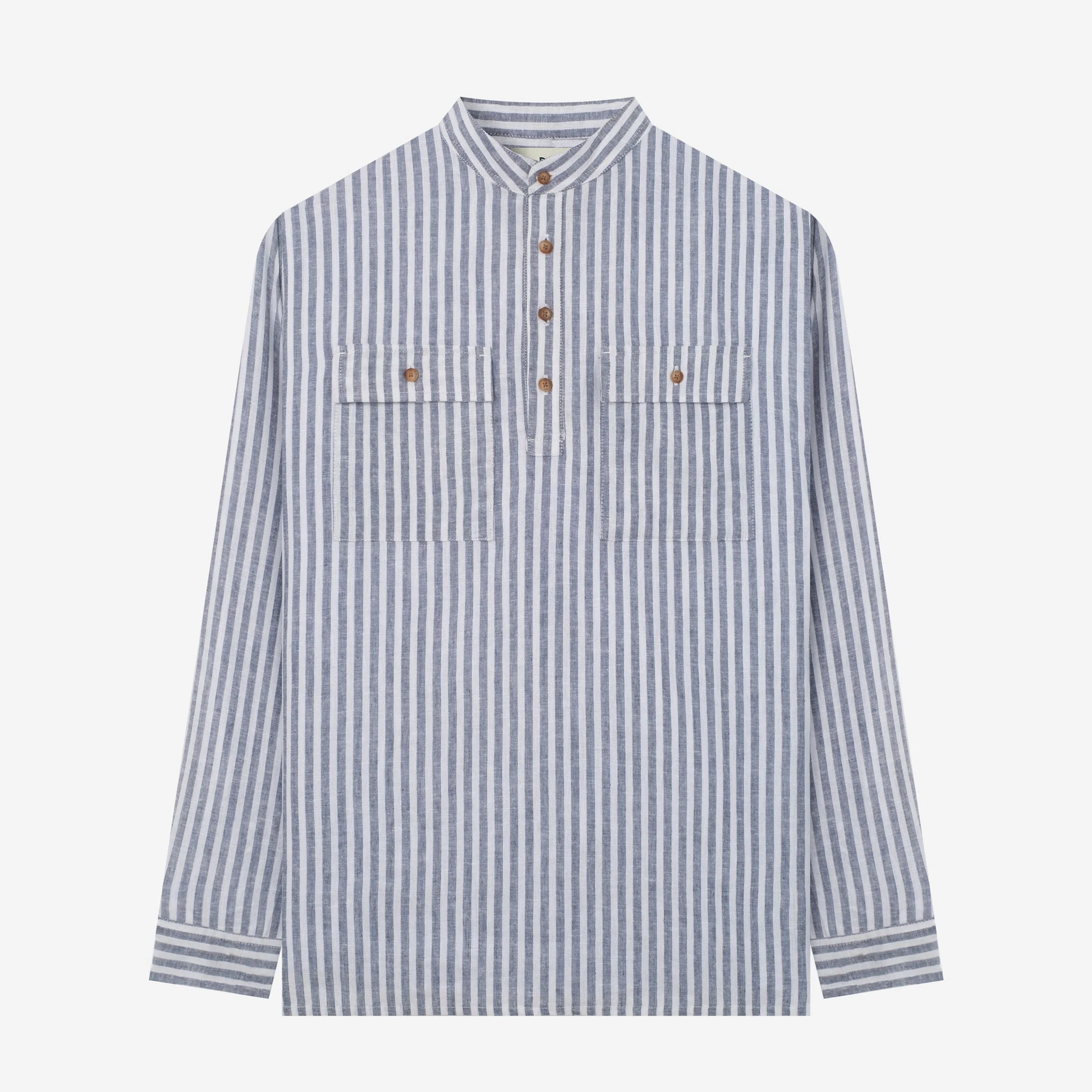 Sayf Long Sleeve Pull Over Linen Stripes Shirt - White Navy