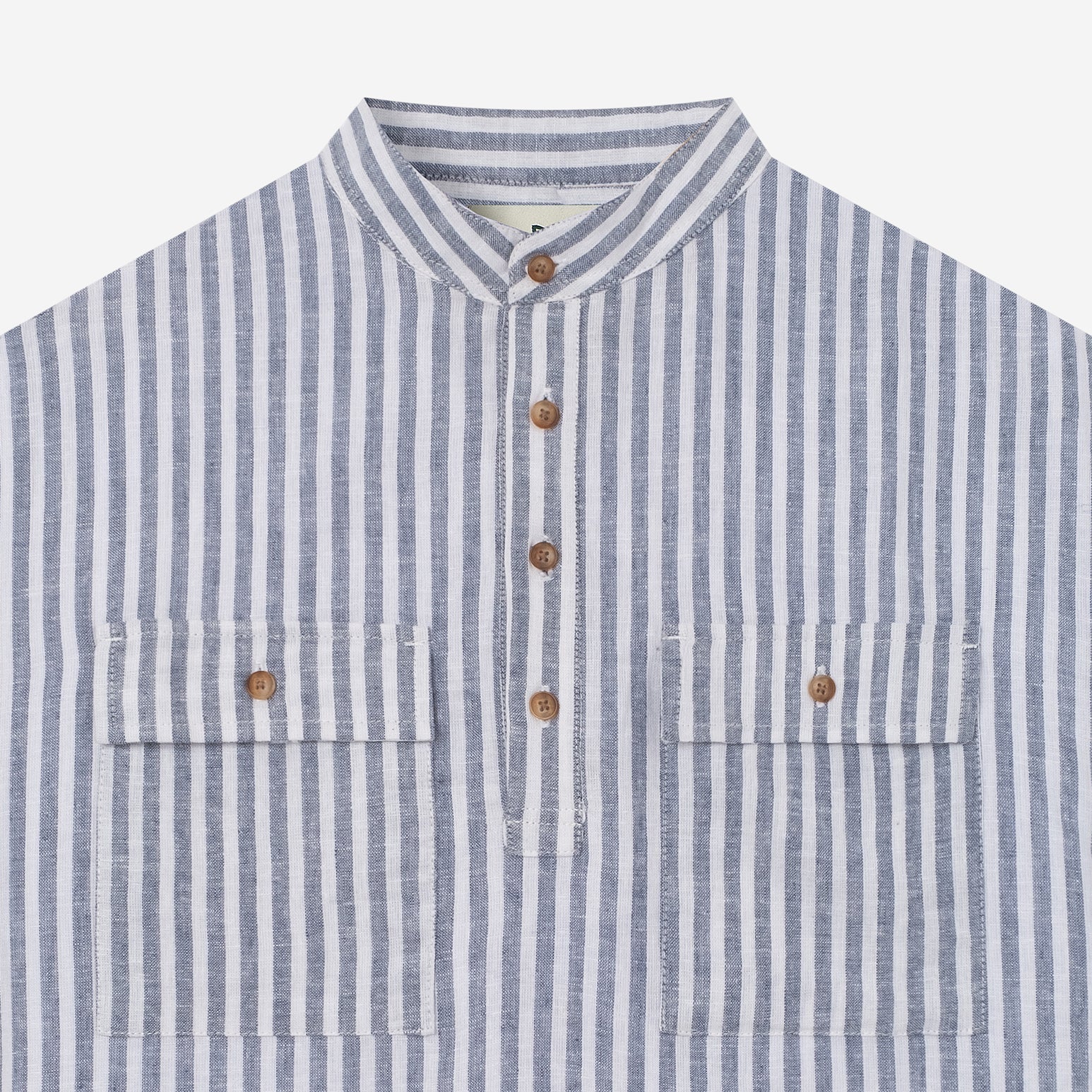 Sayf Long Sleeve Pull Over Linen Stripes Shirt - White Navy - Image 2
