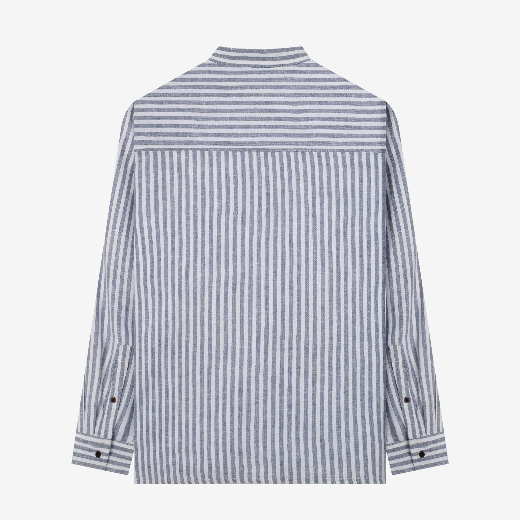 Sayf Long Sleeve Pull Over Linen Stripes Shirt - White Navy - Image 4